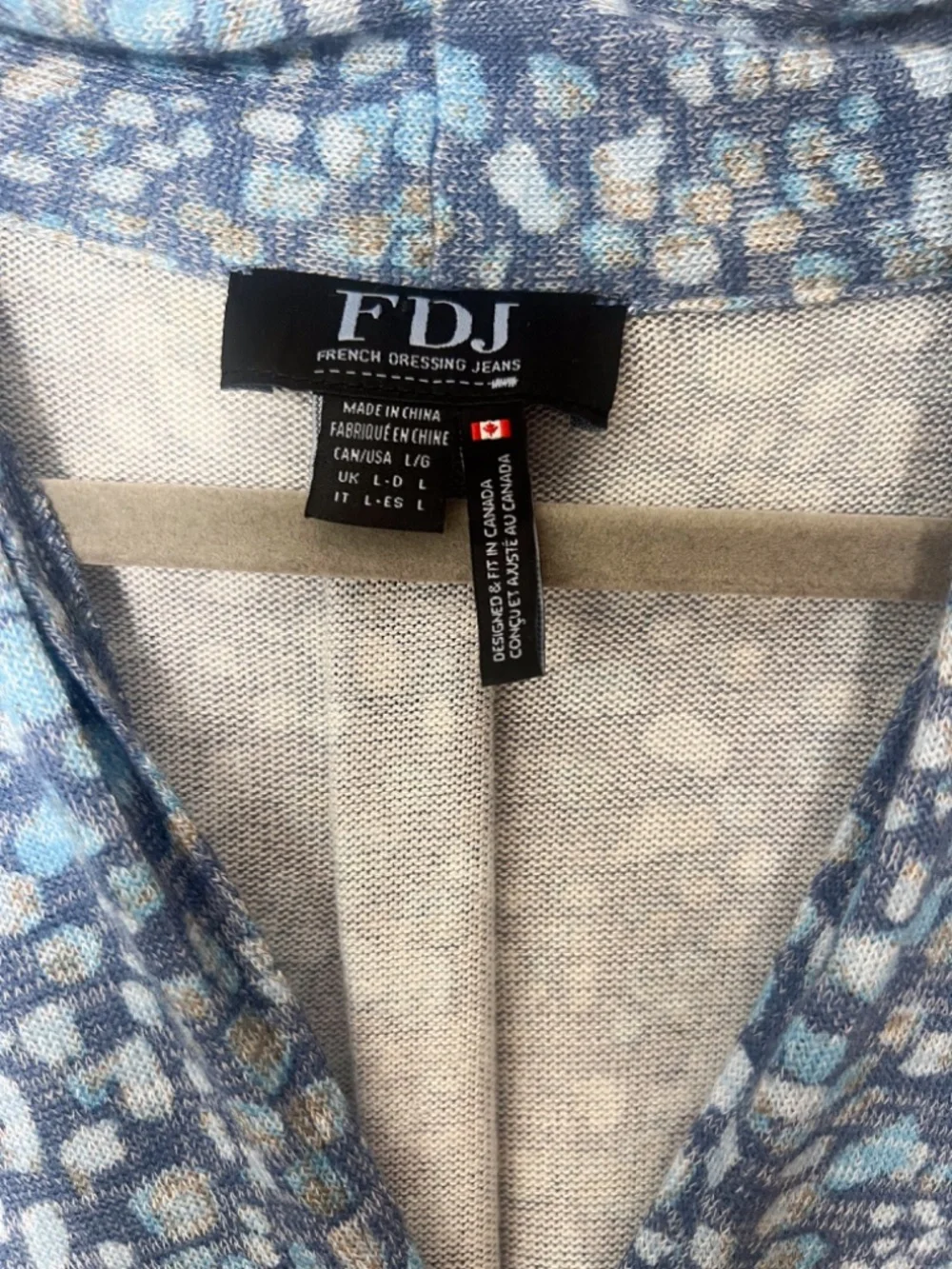 French Dressing Jeans Blue Abstract Print V-Neck 3/4 Sleeve Knit Top L | Boho